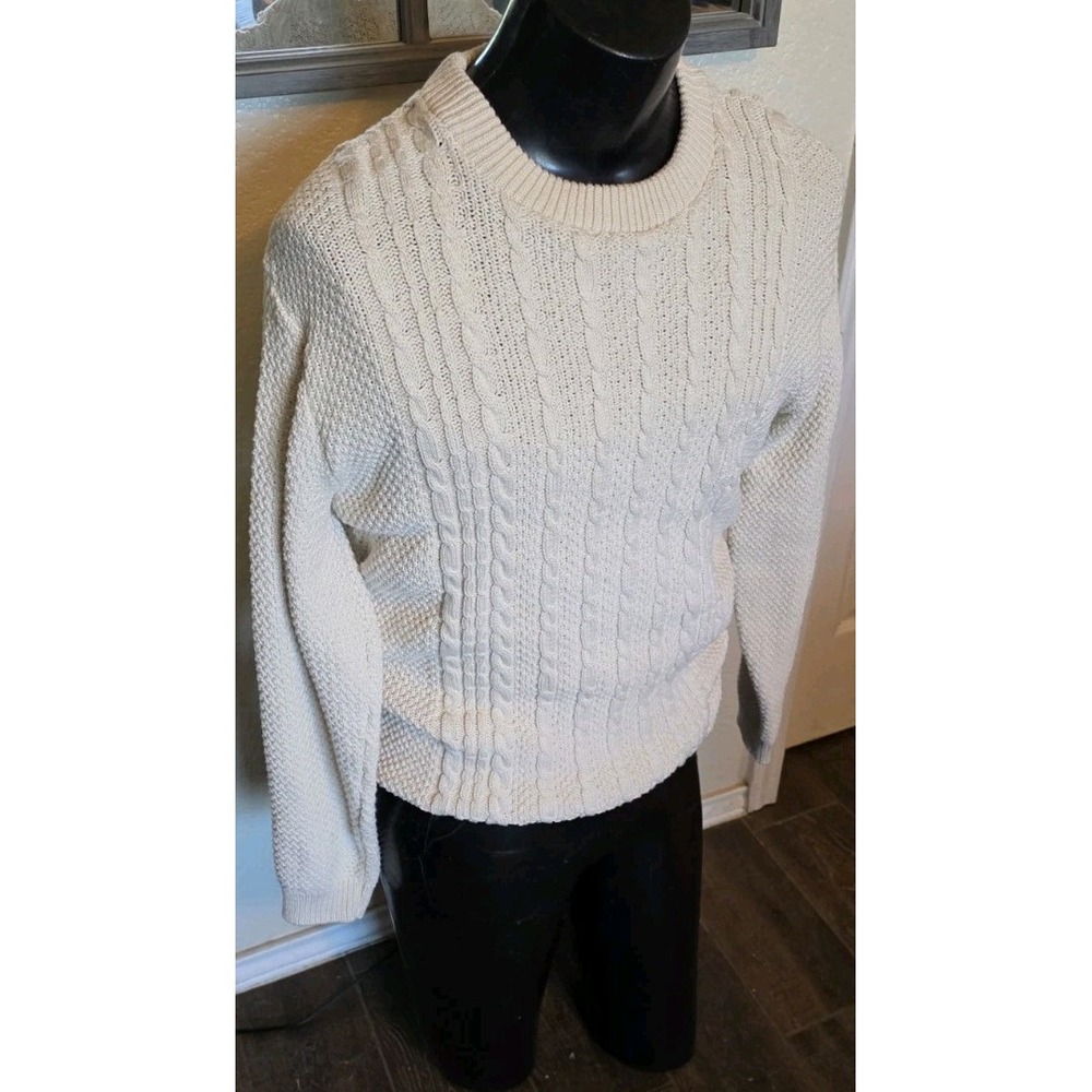 Binghamton Knitting Co Mens Small Cream Cable Popcorn Knit Cotton Sweater USA